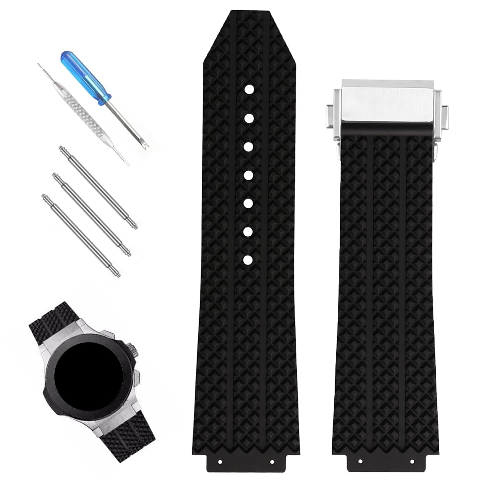 XIW Kompatibel mit 19 mm × 25 mm × 22 mm Hublot Big Bang Gummi-Uhrenarmband mit Edelstahl-Schnalle, Ersatz für Herren, Silikon-Armband, Damen-Armband