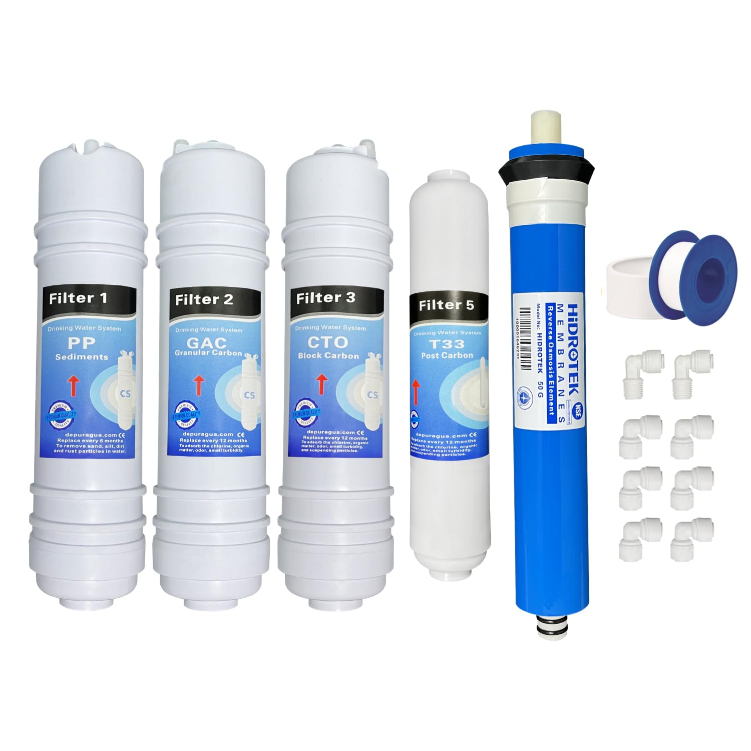 Depurtek | Kit Membrana Osmosis Inversa 50 GPD y Filtros | Alta Rendimiento Compatibilidad CS | Incluye Codos Rosca Rollo de Teflon, 4 Unidades, Carbono
