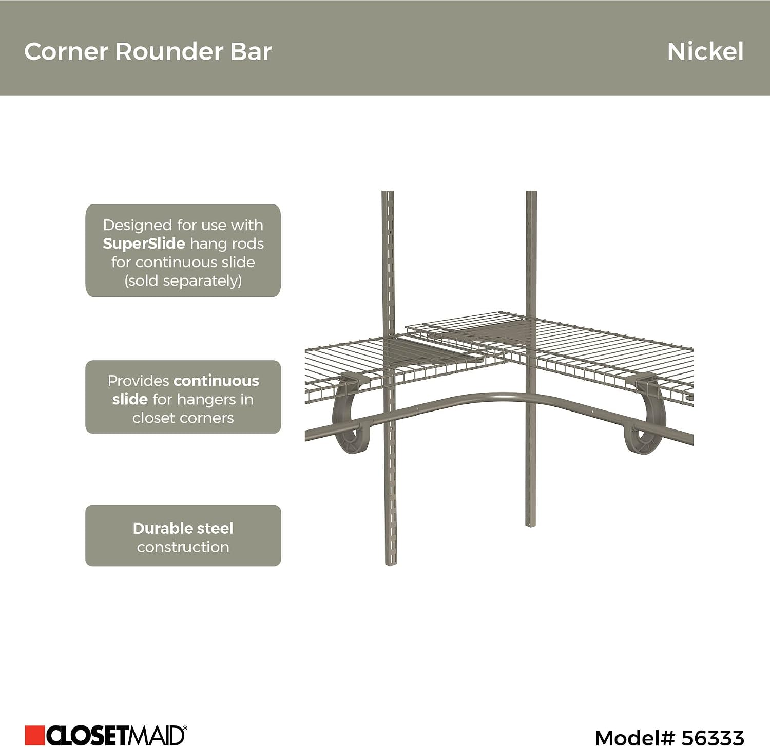 ClosetMaid Corner Closet Rod Hanger Bar, Adds Hanging Space to Corner Areas in Closet Spaces, Nickel Finish