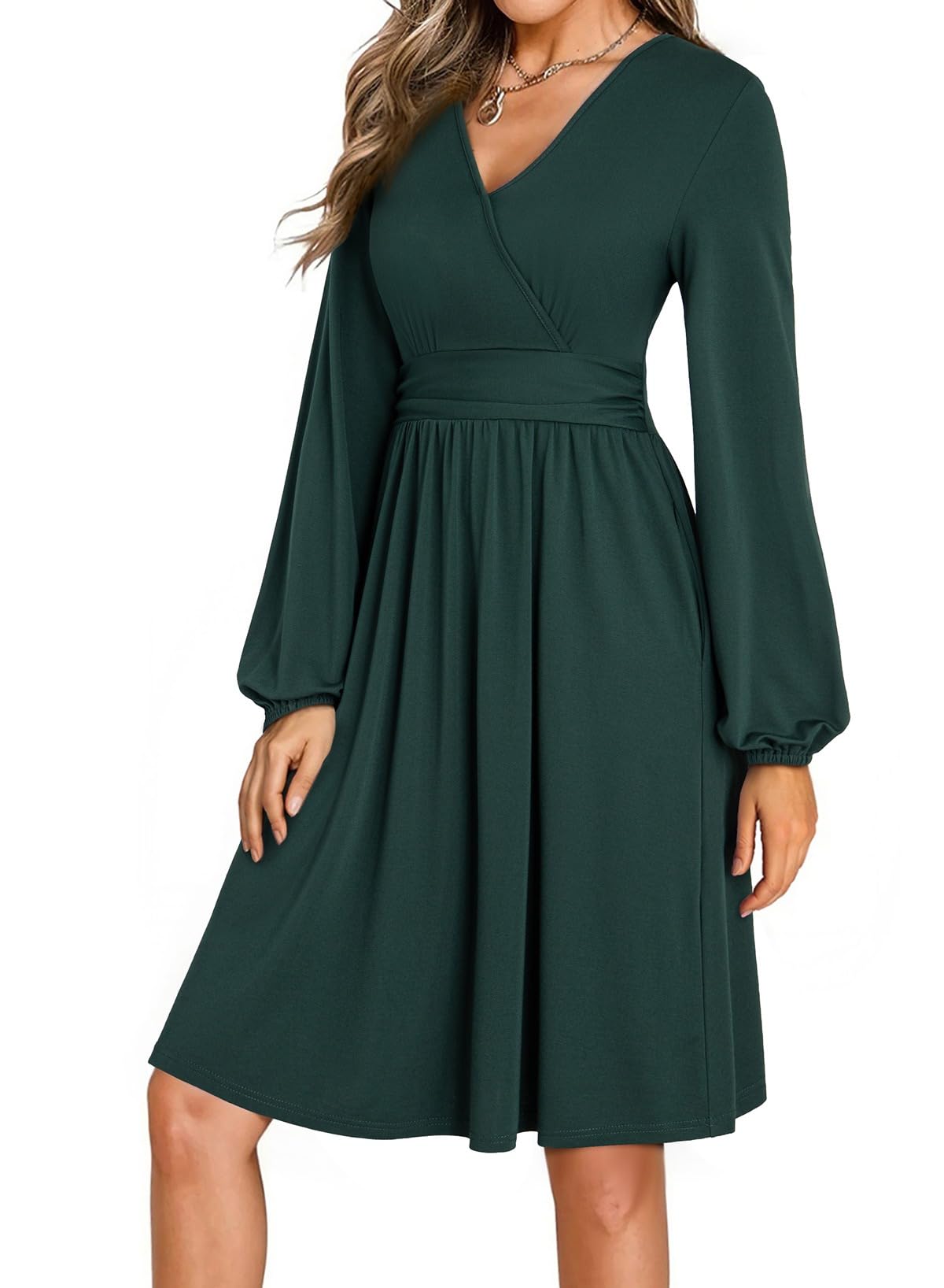 Dokotoo Womens 2025 Fall Winter Wrap V-Neck Long Sleeve Empire Waist Dress Elegant Mini Dresses with Pockets