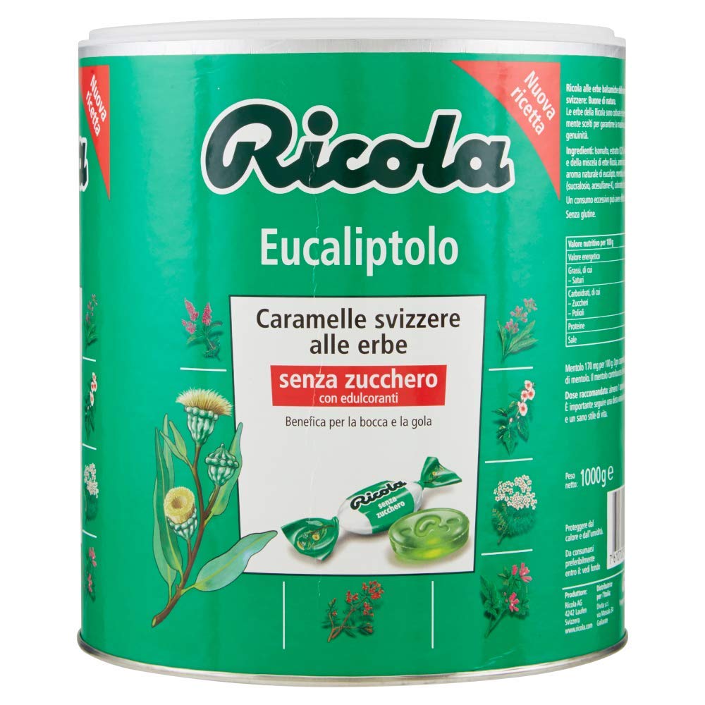 Ricola - Caramelos balsámicos a las hierbas, sin azúcar, sabor eucaliptol - Bote de 1 kg