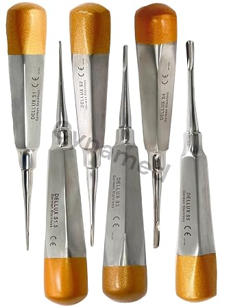 ArtLaB-Dental Luxating Elevator Dental Root Elevators Straight Curved Tip-Periotome Luxating Elevator Apical Root Dental Elavators Extracting Extraction Elevator Set of 6 STR Gold