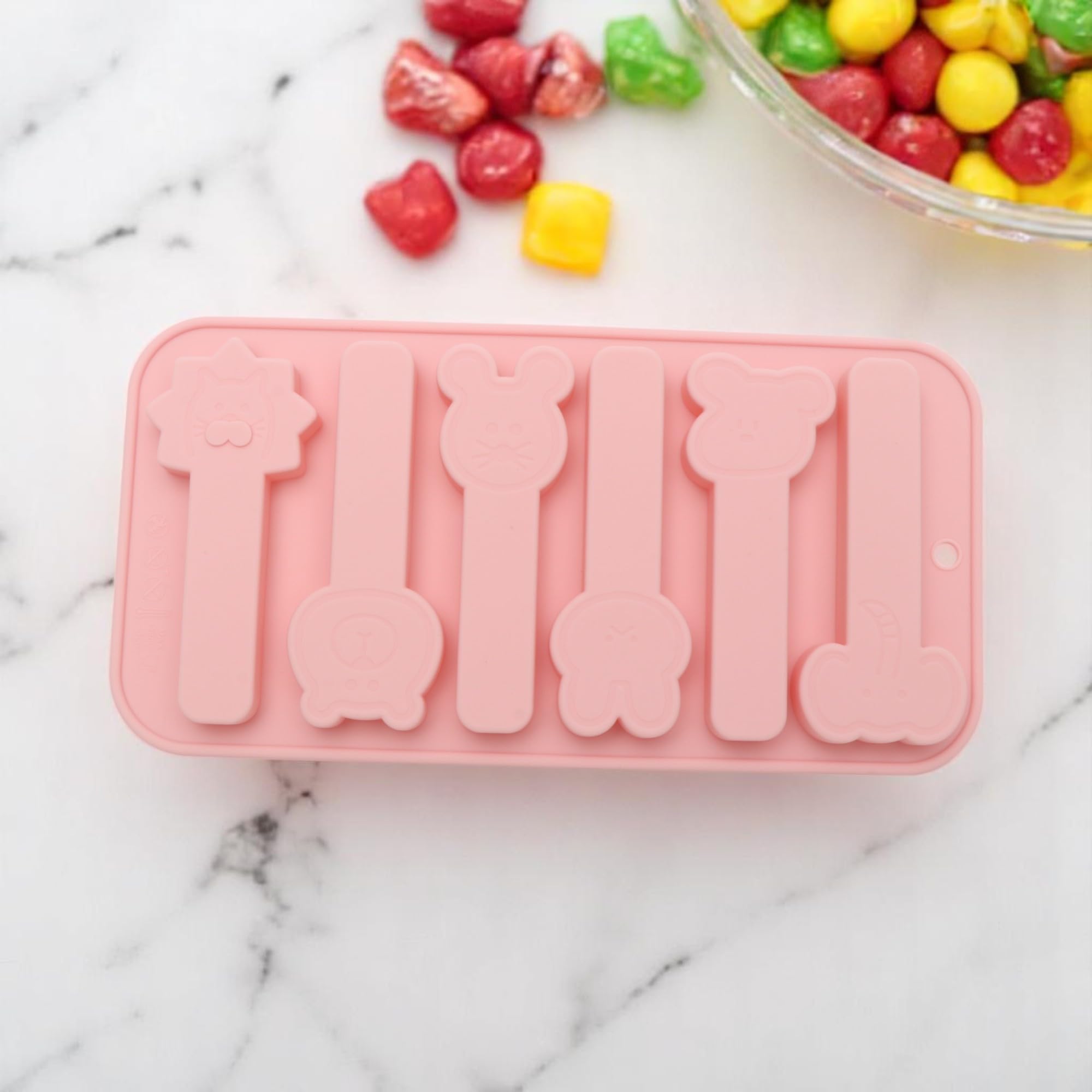 Generic 1Pcs Candy Mould 6-Cavity Animal Faces Candy Mould 6 Different Designs Hand Wash Silicone Pink 21.1x10.7x1.4cm