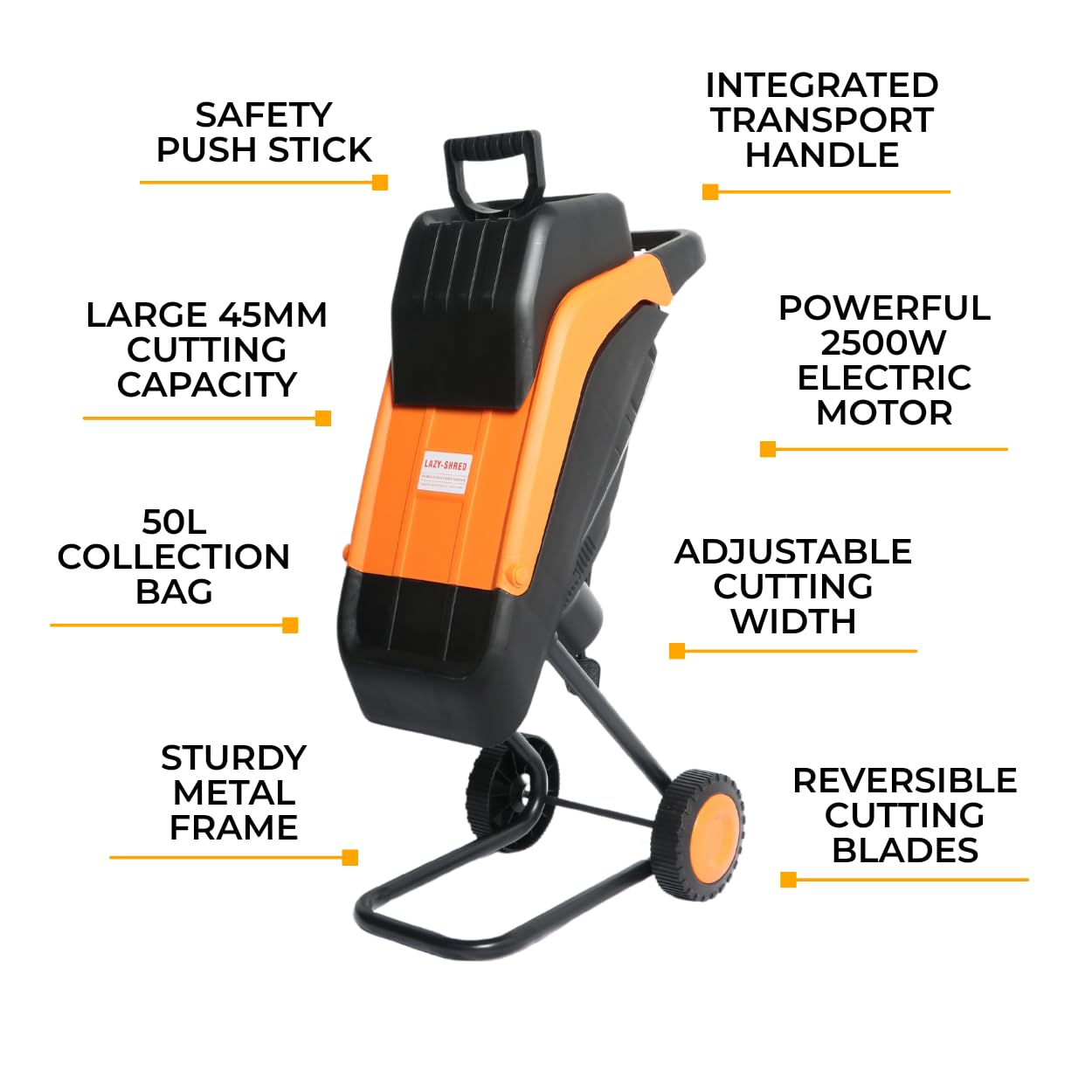Lazy-Shred Electric Garden Chipper Shredder Mulcher - 50L Debris Bag - Adjustable 45mm Cutting Width - Steel Blades - Powerful 2500w Motor - Safety Push Stick - Tree, Branch, Leaf