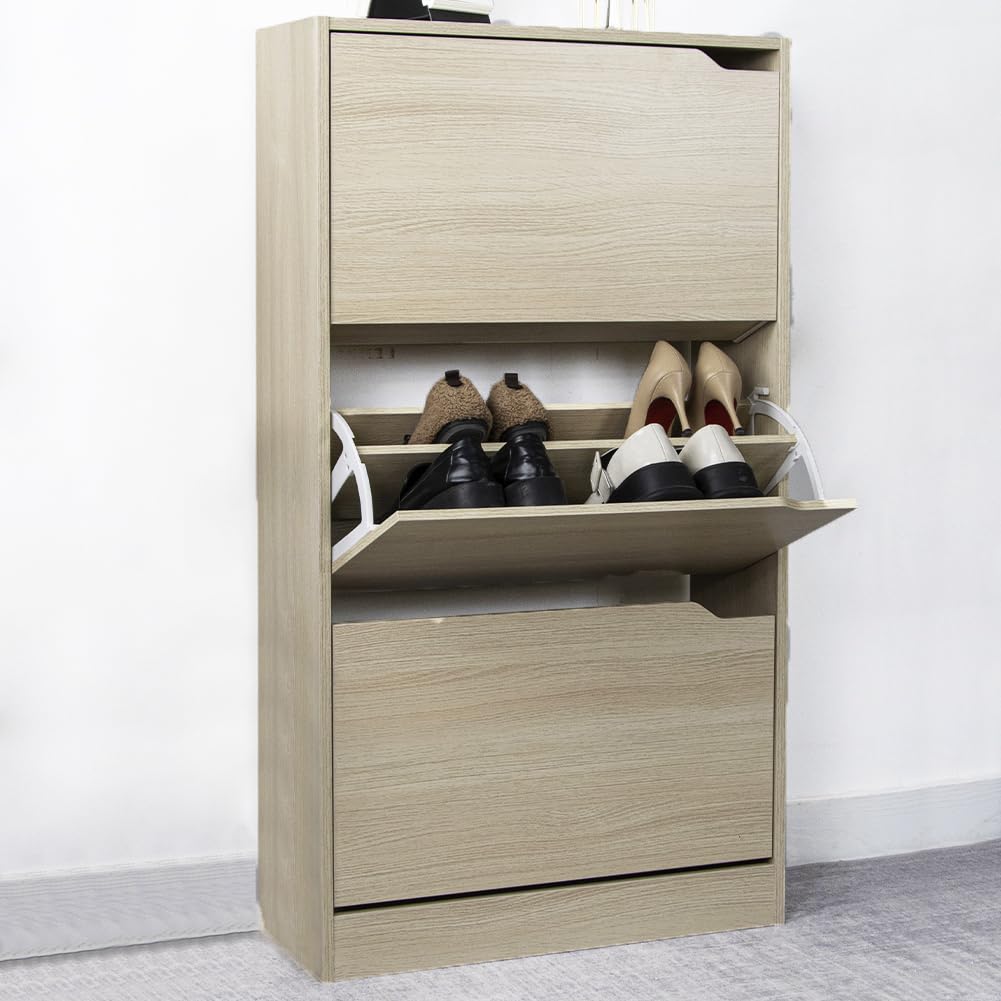 BAKAJI Szafka na buty MDF drewniany stojak na buty z 3 drzwiami wysuwanymi uchwytami podwójna głębokość kompaktowy rozmiar slim 63 x 24 x 115 cm zajmuje mało miejsca wejście do domu (wiąz)