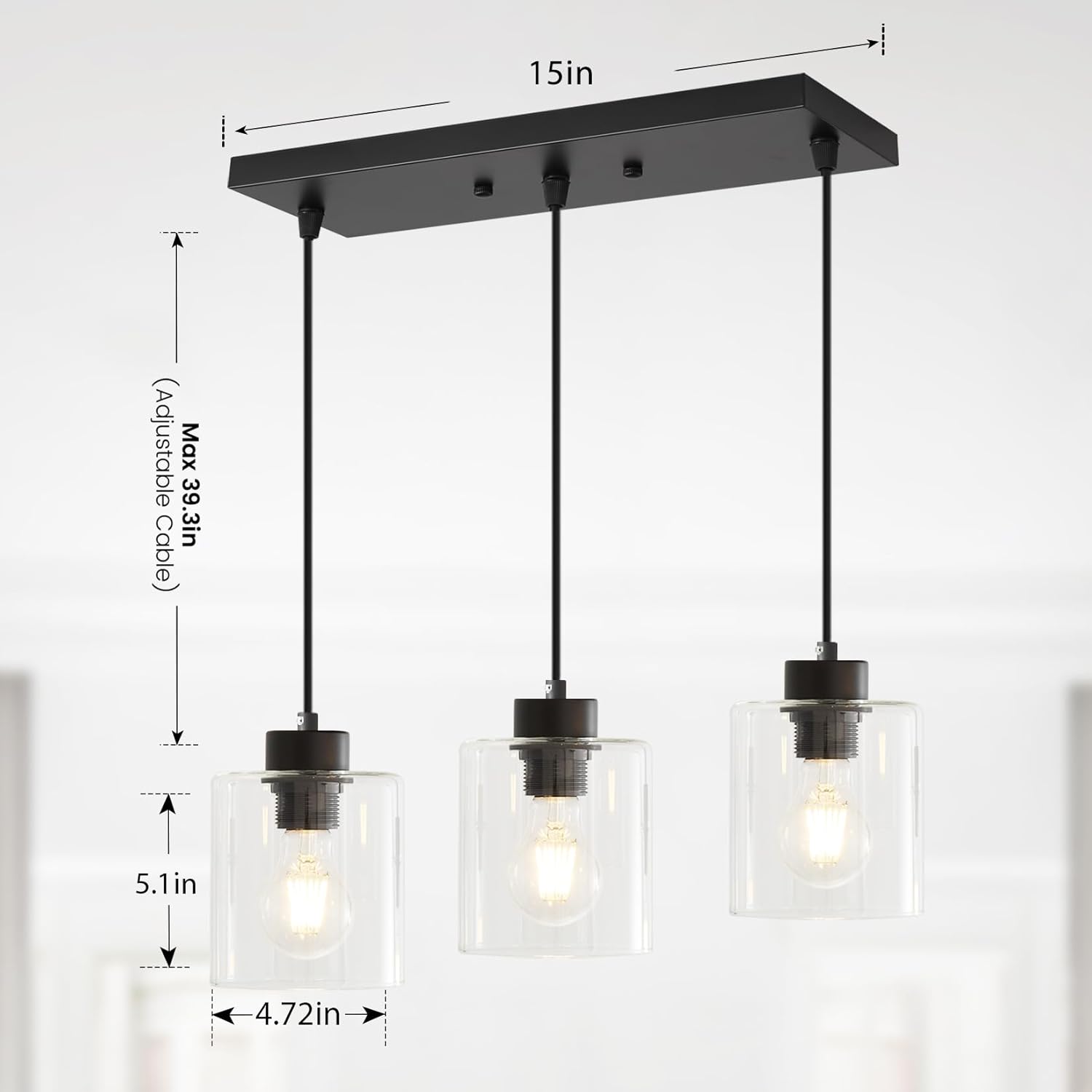 3-Light Pendant Light Fixtures with Clear Glass, Black Hanging Light Fixture for Ceiling, Adjustable Kitchen Island Light for Dinning Room, Bedroom,Hallway, E26 Base, Bulbs Not Included 3 Light Black Clear Glass