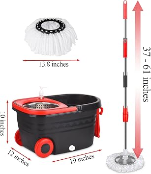 Mop and Bucket Set with Wringer, Stainless Steel Mop Bucket with Wheels, 3 Pcs Microfiber Replacement Mop Heads, Spin Mop and Bucket System, 61 inches Telescopic Mop Handle Floor Mop