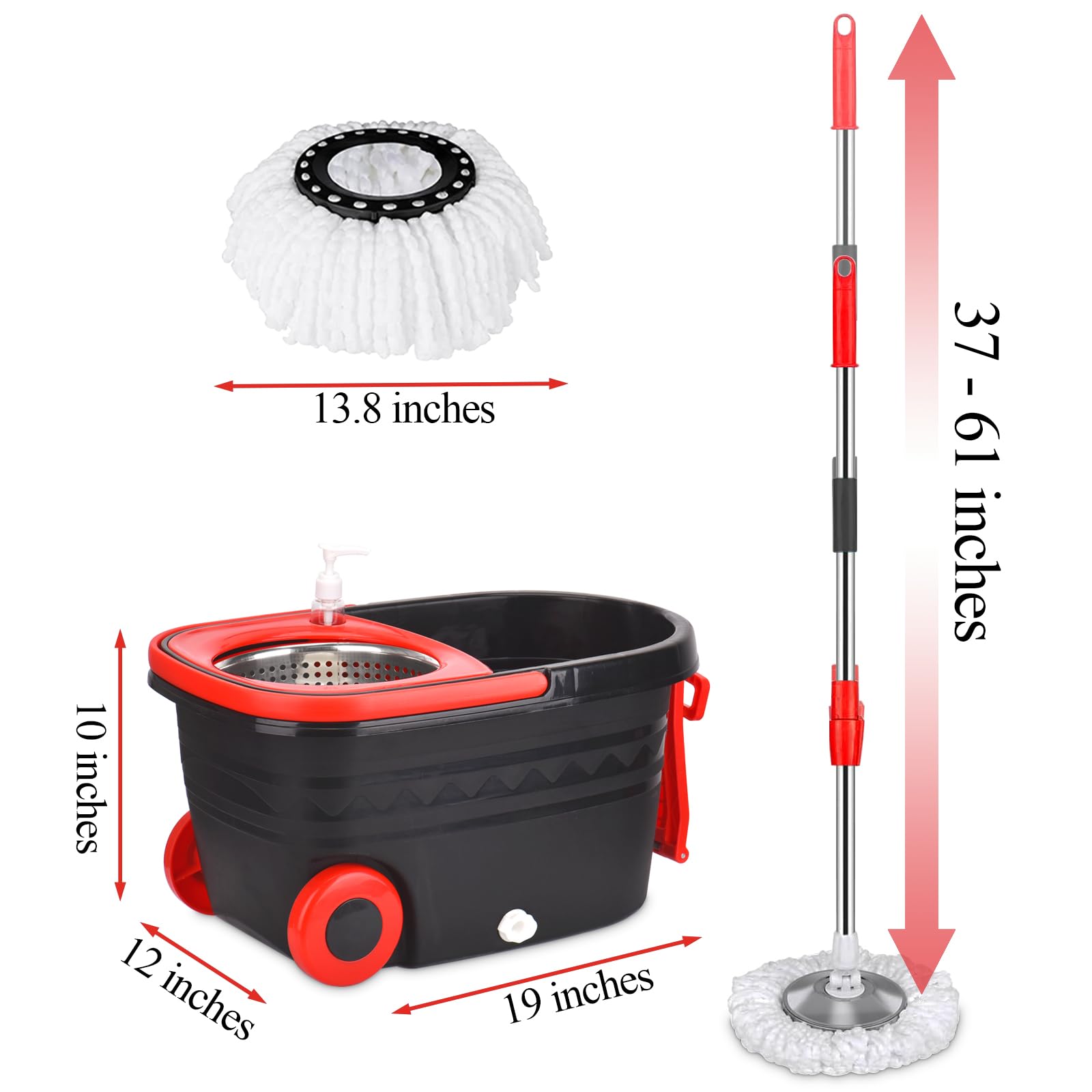 Mop and Bucket Set with Wringer, Stainless Steel Mop Bucket with Wheels, 3 Pcs Microfiber Replacement Mop Heads, Spin Mop and Bucket System, 61 inches Telescopic Mop Handle Floor Mop
