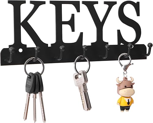Miniatura 2 de Soporte para llaves montado en la pared para decoración de pared con 7 ganchos, organizador de llaves de metal negro, para entrada, puerta