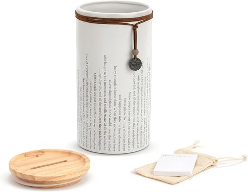 DEMDACO Remembrance Sentiment Classic White - Tarro inspirador de cerámica y madera de 85 x 4 pulgadas con tarjetas