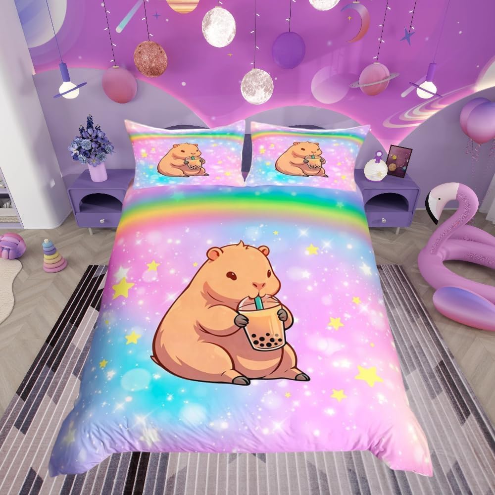 Loussiesd Rainbow Single Capybara Bedding Set for Kids Purple Pink Blue Galaxy Duvet Cover Decor Kawaii Animal Quilt Cover 2Pcs Room Decor