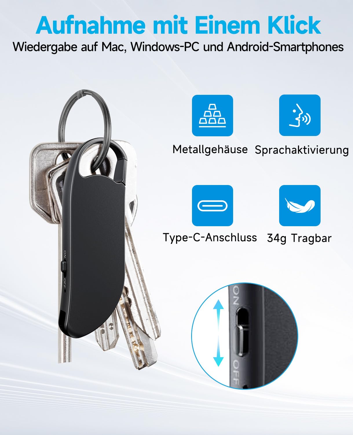64GB Diktiergerät Mini, Vandlion Stereo Aufnahmegerät mit Rauschunterdrückung, USB C Voice Recorder mit Spracherkennung für Vorlesungen Interviews Meetings Klasse