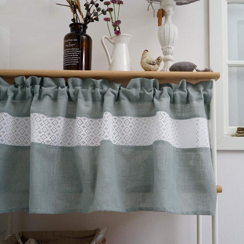 CRYSEU Short Curtains, Farmhouse Kitchen Short Curtain, White Lace Linen Blended Patchwork Rod Pocket Curtain Valance(W130xH120cm/W51.2xH47.2inch)