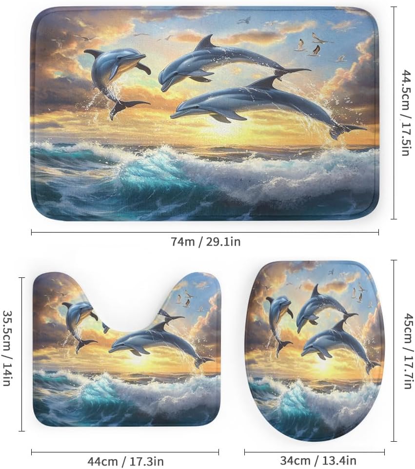 Colorful Sunset Dolphin Waterproof Shower Curtain Set (72x72 Inch) with Non-Slip Bath Rugs, 4 Piece Modern Bird Ocean Landscape Bathroom Set Includes U-Shaped Mat & Toilet Seat Cover