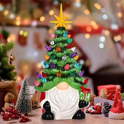 Lighted Christmas Gnomes Decorations, 8 Inch Faceless Old Man Ceramic Christmas Tree, Small Mini Prelit Xmas Holiday Decor for Tabletop Home Room Table Fireplace Office