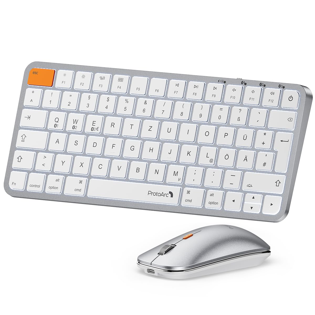 ProtoArc Beleuchtete Kompakte Bluetooth-Tastatur und Maus für Mac, KM90-A Mehrgeräte Kabellose QWERTZ Tastatur und Maus für Mac, Leise und Aufladbar, Keyboard Für MacBook Pro/Air, iPad –Weiß Silber