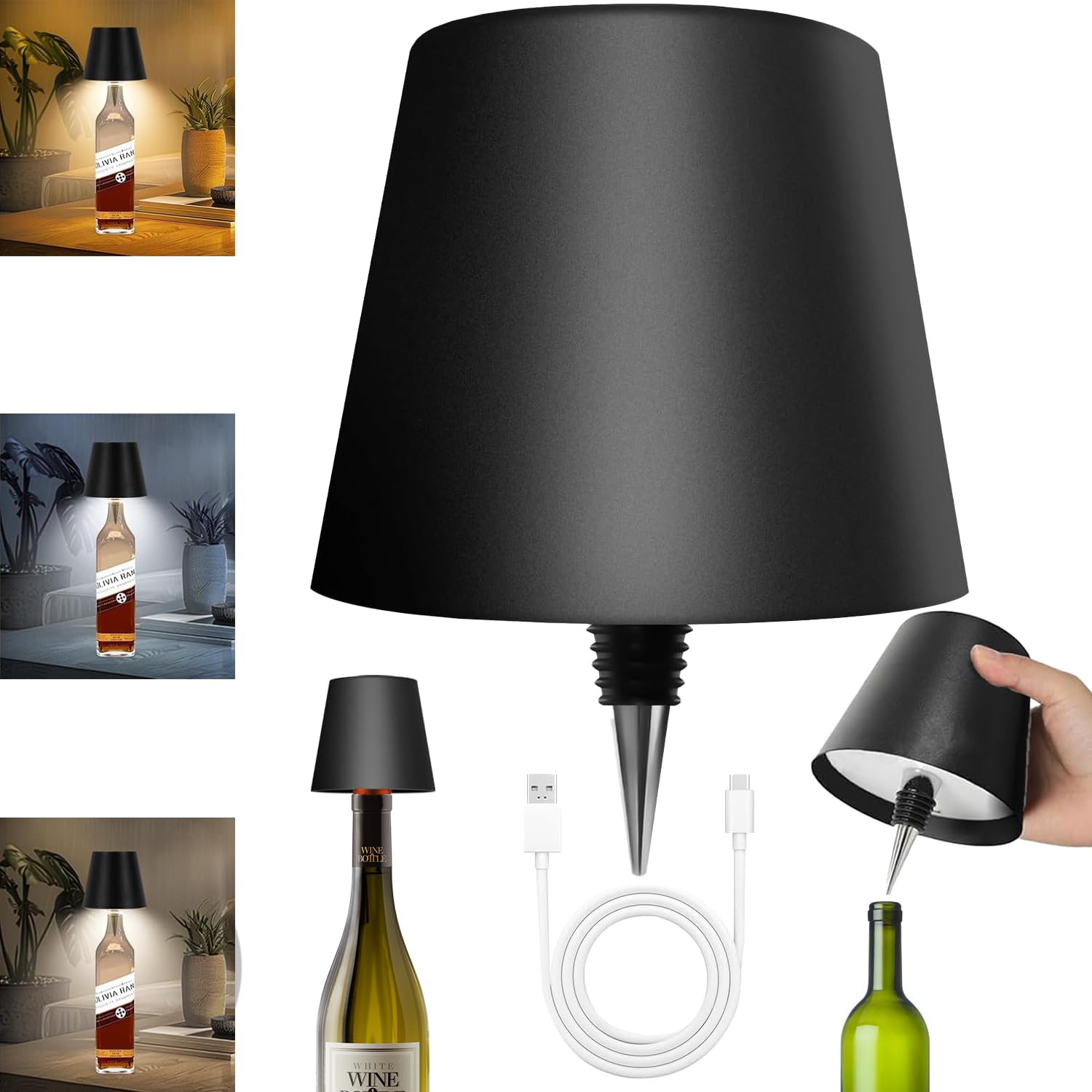 Wireless Bottle Lamp, LED Wine Bottle Lamp, 3 Color Wireless Bottle Table Lamp, Rechargeable Wine Bottle Lights, Atmosphere Lights, Embed Touch Control Portable Desk Lamp for Living/Bedroom/Bar Black