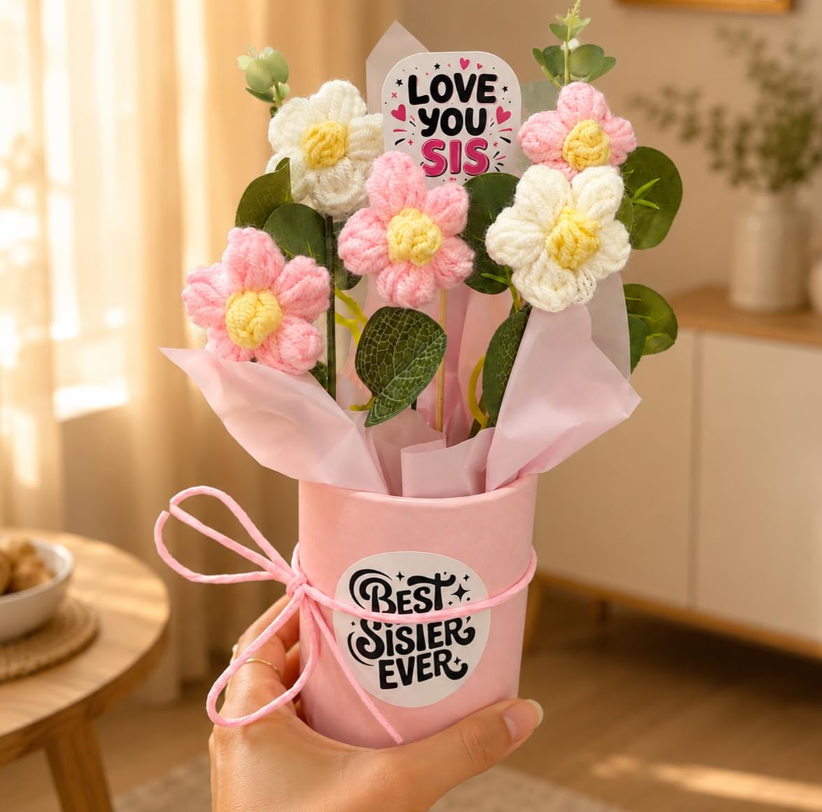 Crocheto Handmade Crochet Flower Bouquet Gift for Sister with Love You Sis Topper | Birthday Gift for Sister from Brother | Best Sister Ever Keepsake | Raksha Bandhan-image-41