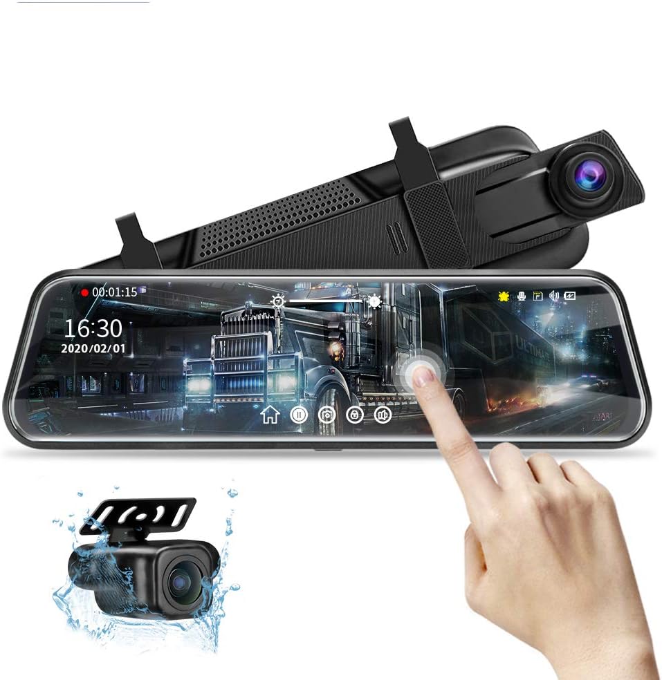 Jansite 10'' Mirror Dash Cam Night Vision 1080P FHD Full Touch Screen Front and Rear View Backup Camera for Cars Loop Recording Streaming Media 170°Wide Angle Parking Assistance with 10 Meters Cable