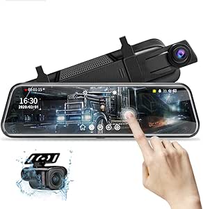 10'' Mirror Dash Cam with Night Vision, 1080P FHD, Full Touch Screen, Front and Rear View, Parking Assistance
