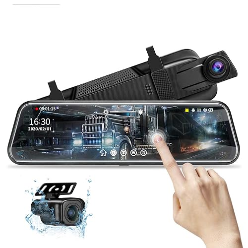 Cámara de Visión Nocturna de 10'' para Tablero de Coche 1080P FHD Pantalla Táctil Completa Vista Frontal y Trasera Cámara de Respaldo con Grabación en Bucle y Transmisión de Medios 170° Ángulo Amplio Asistencia de Estacionamiento con Cable de 10 Metros