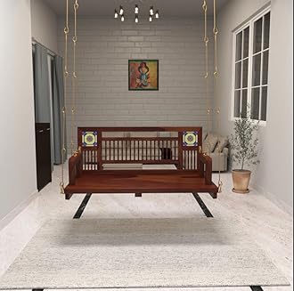Jairi Traders Wooden Swing (4ftx2ft) Solid Wooden Hanging with Hand Rest and Back Support Jhula Wooden Swing (with Stainless Steel Accessories) Ceramic Tiles and Carving Reversible