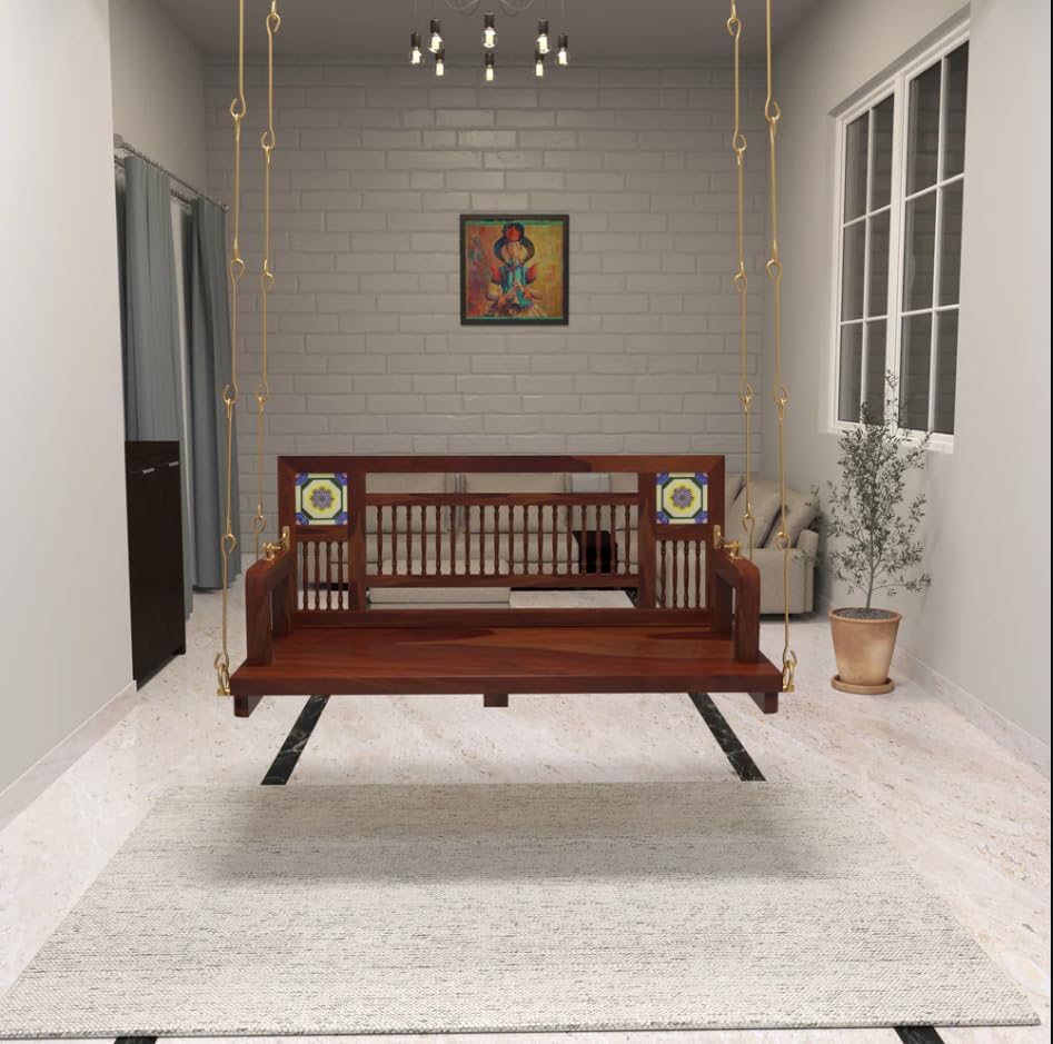Jairi Traders Wooden Swing (4ftx2ft) Solid Wooden Hanging with Hand Rest and Back Support Jhula Wooden Swing (with Stainless Steel Accessories) Ceramic Tiles and Carving Reversible