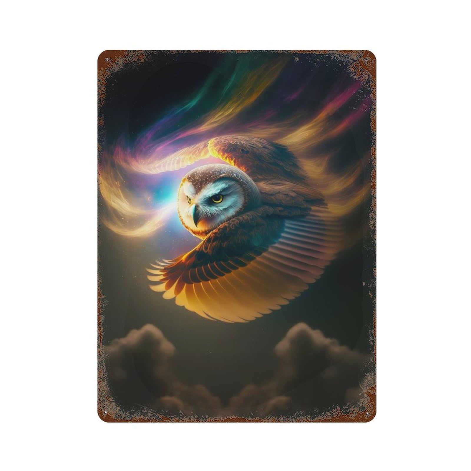 Owl in Cosmic Flight 15.7"x11.8" Retro Metal Sign, Industrial Home Decor for Basement, Hobby Room And Garage Decor