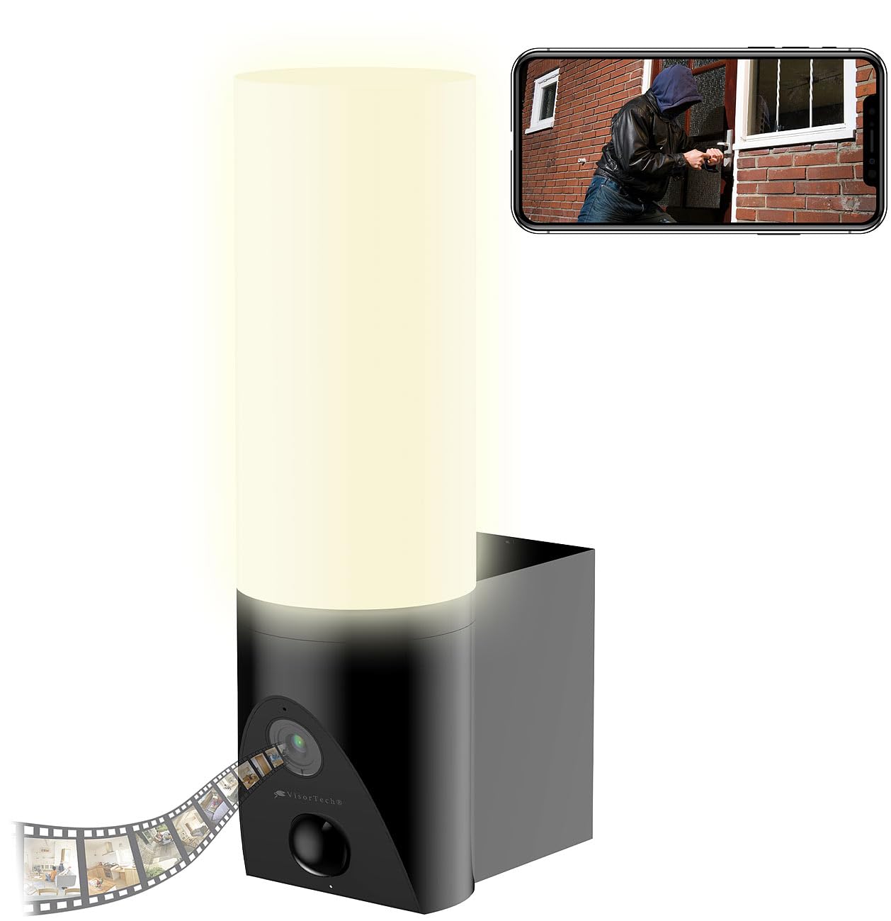VisorTech Außenleuchte mit Kamera: LED-Außenwandleuchte & WLAN-2K-Kamera, PIR, Nachtsicht, App, schwarz (Outdoor Cam, Outdoor-Überwachungskamera WLAN, Funk Bewegungsmelder)