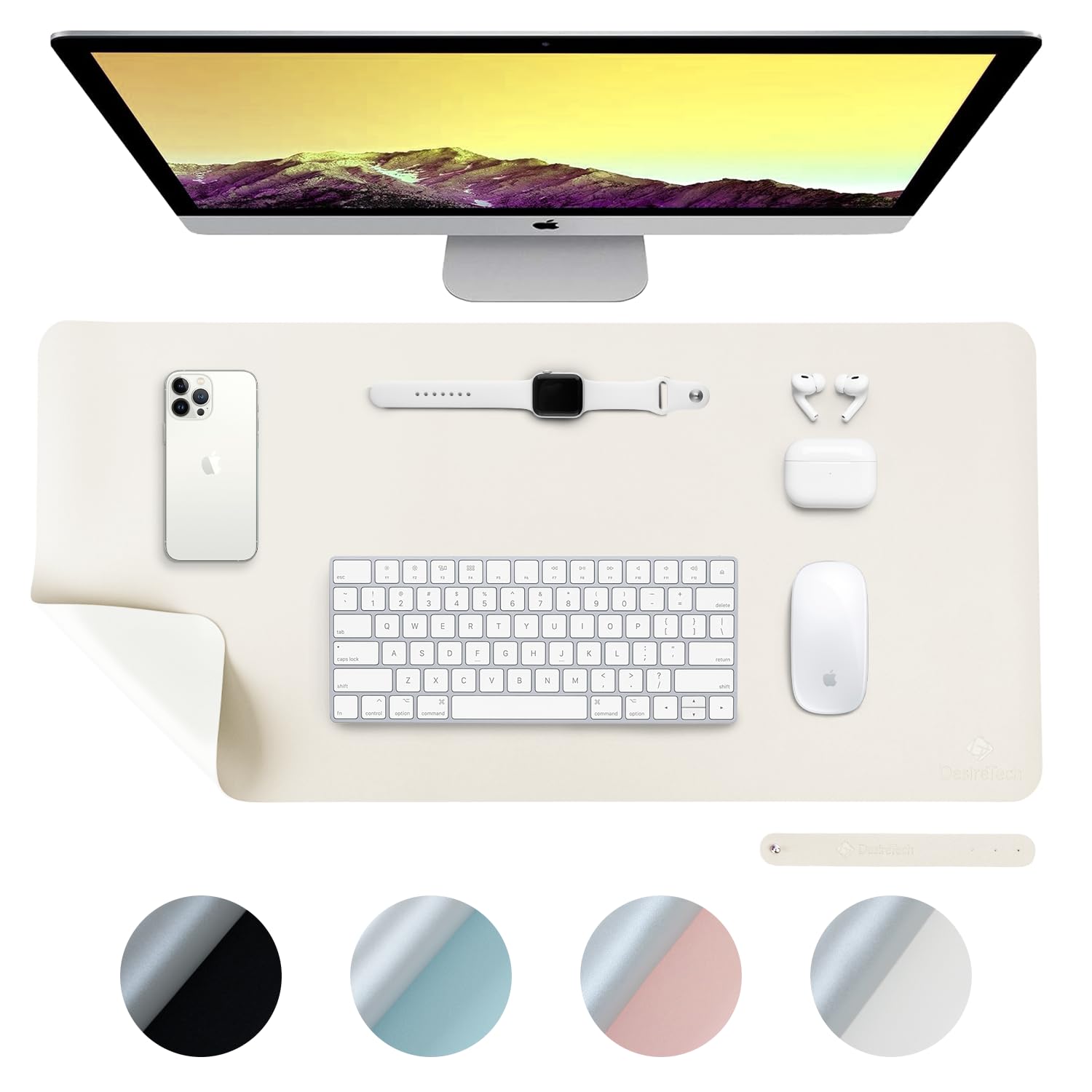 DesireTech Reversible Office Desk Mat Large, Dual-Sided, Waterproof Faux Leather Table Surface Protector Desk- Laptop Mat & Mouse Pad for Home & Office - 43 x 89cm (Ivory/Silver)