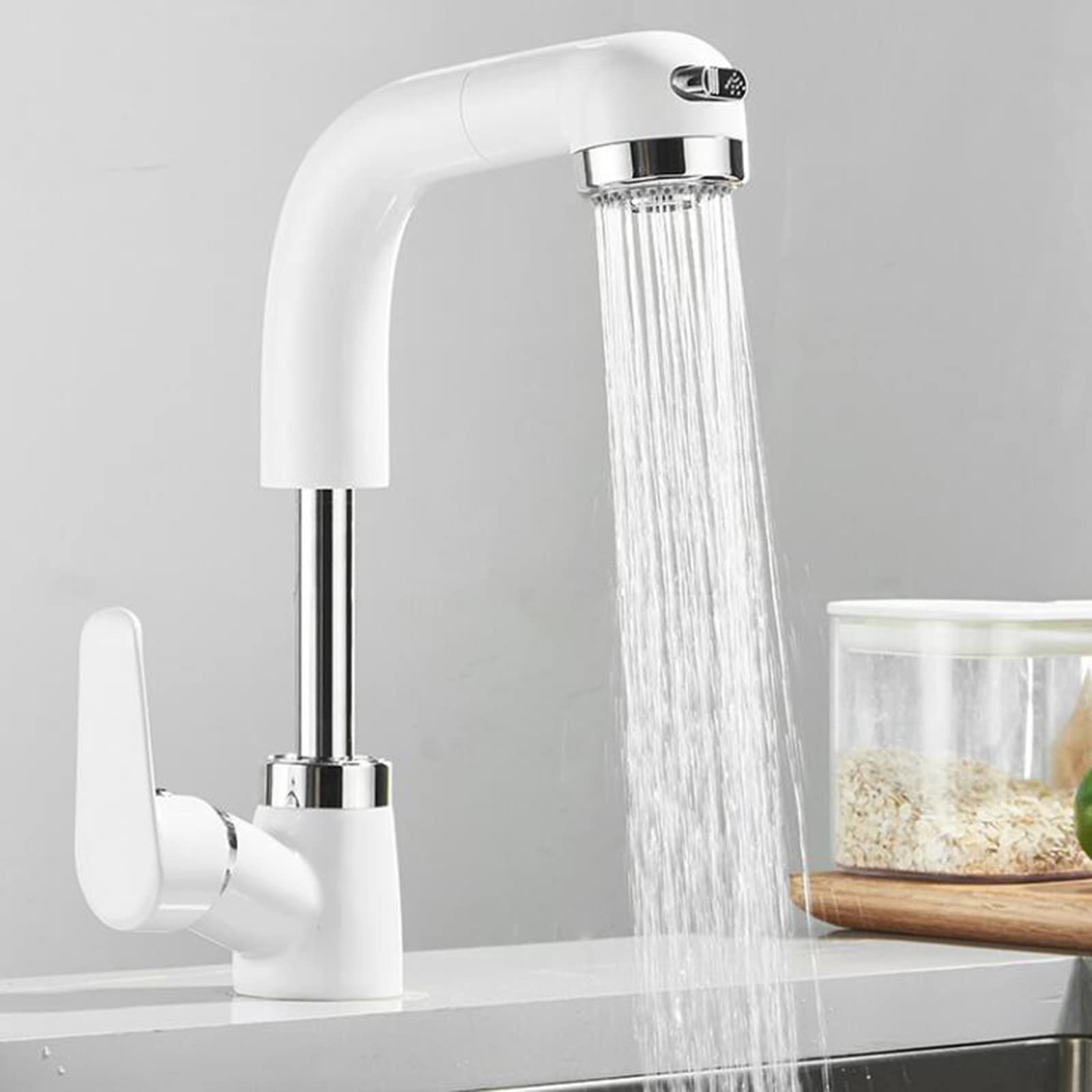 Mitigeur de cuisine blanc avec douchette extractible et pivotante en laiton