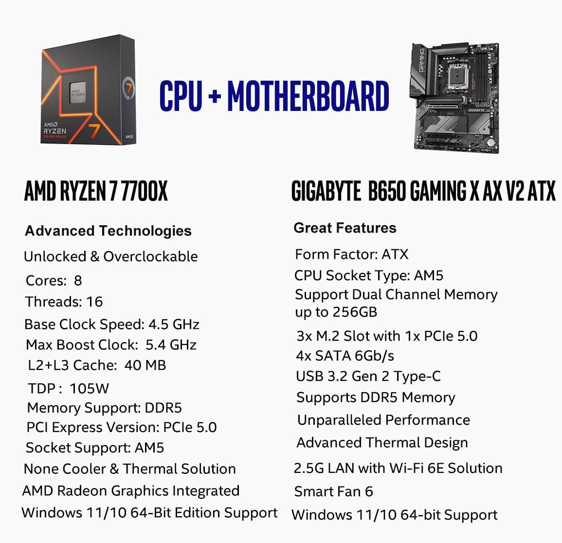 INLAND AMD Ryzen 7 7700X CPU Processor with GIGABYTE B650 Gaming X AX V2 Motherboard (AM5, ATX, DDR5, USB 3.2 Gen2x2 Type-C, Wi-Fi 6E), Soly by Micro Center