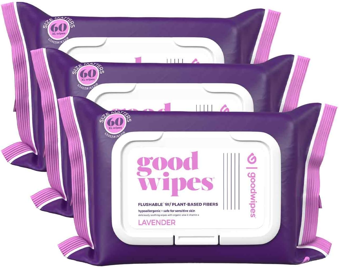 goodwipes Flushable Butt Wipes Made with Vitamin E & Aloe ñ Soft & Gentle Wet Wipe Dispenser for Home Use, Septic & Sewer Safe ñ Largest Adult Toilet Wipes ñ Lavender, 180 count (3 packs)