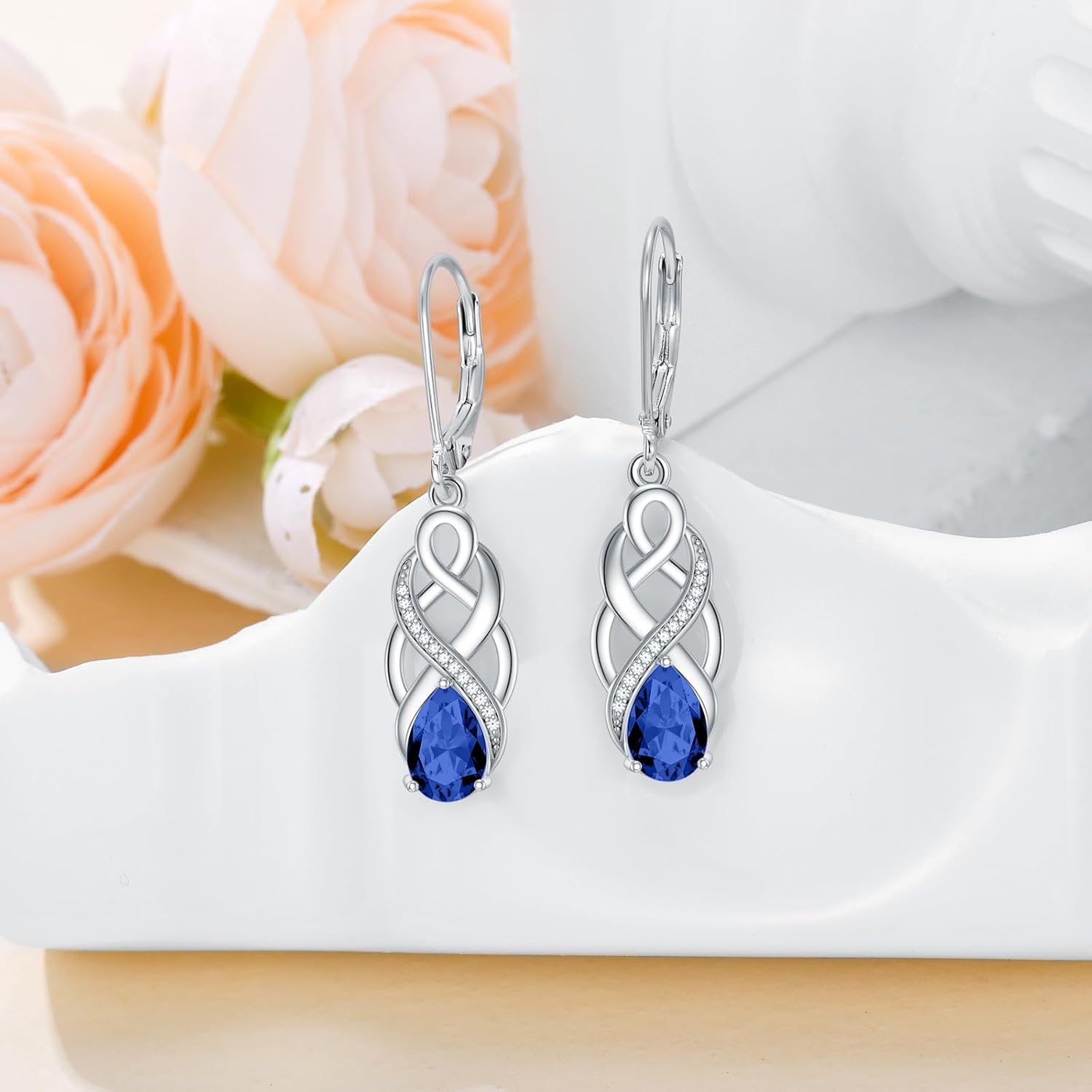 925 Sterling Silver Celtic Knot Good Luck Irish Dangle Drop Leverback Earrings with 12 Months Birthstone, Anniversary Jewelry Gifts for Women Her