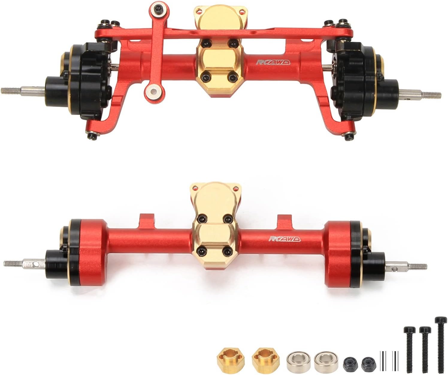 RCAWD CNC Machined Aluminum Alloy Front and Rear Portal Axle Housing w/Steel Gears&Brass Worm Gears&Brass Third Member Housing&Brass Hex for Axial 1-24 Scx24 Crawlers(Red)