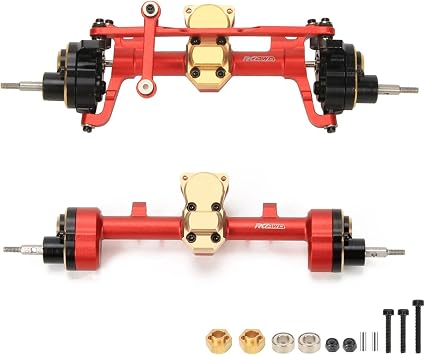 RCAWD CNC Machined Aluminum Alloy Front and Rear Portal Axle Housing w/Steel Gears&Brass Worm Gears&Brass Third Member Housing&Brass Hex for Axial 1-24 Scx24 CrawlersRed