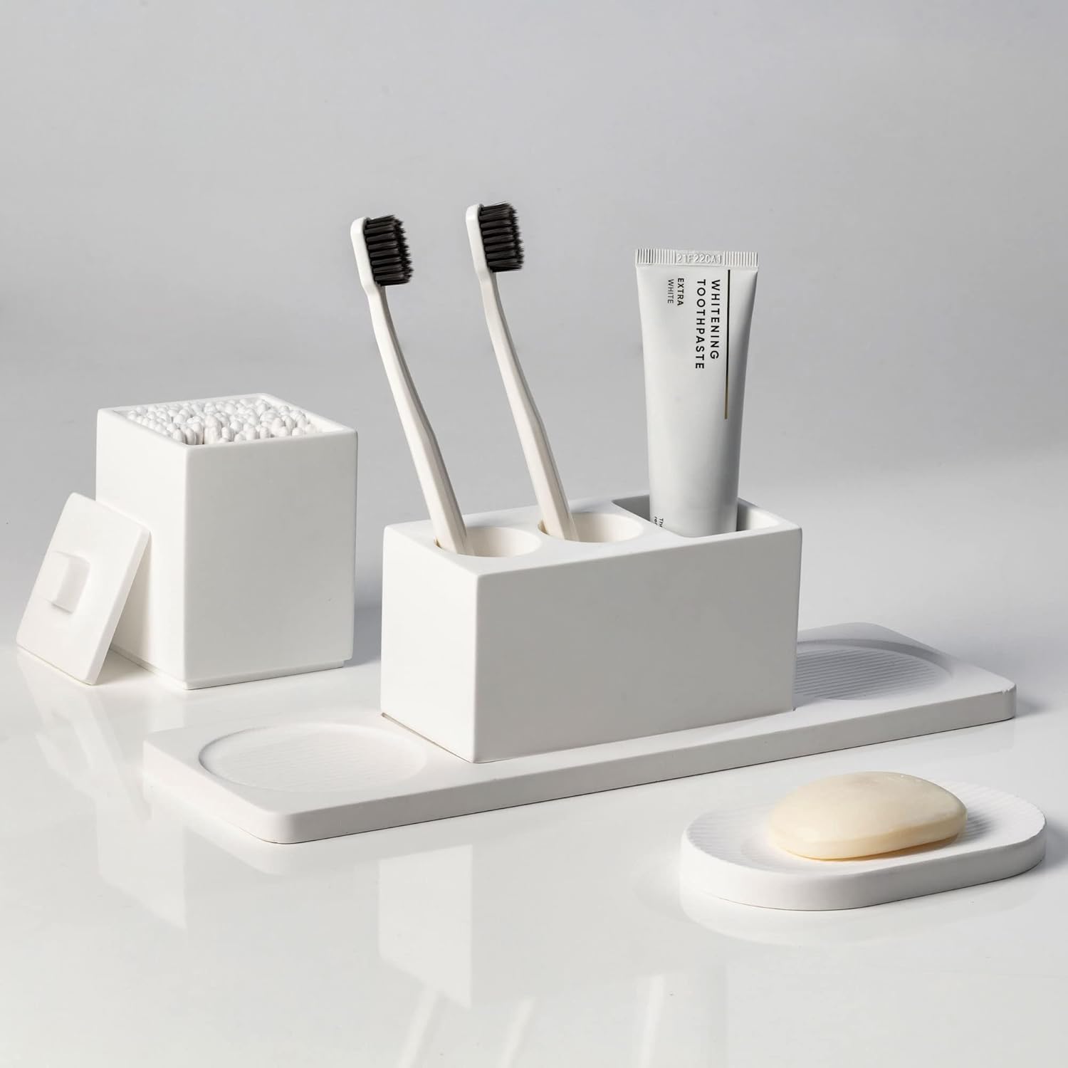 Ceramic Toothbrush Holders for Bathrooms, White Bathroom Accessories Diatomite, Electric Toothbrush Holder Countertop with Toothbrush Holders, Soap Dish Set