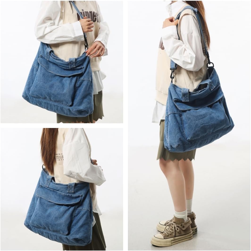 MaxxCloud Stylish Denim Tote Bag-Adjustable Crossbody Purse for Women&Men,Large Travel Shoulder Bag with Multiple Pockets