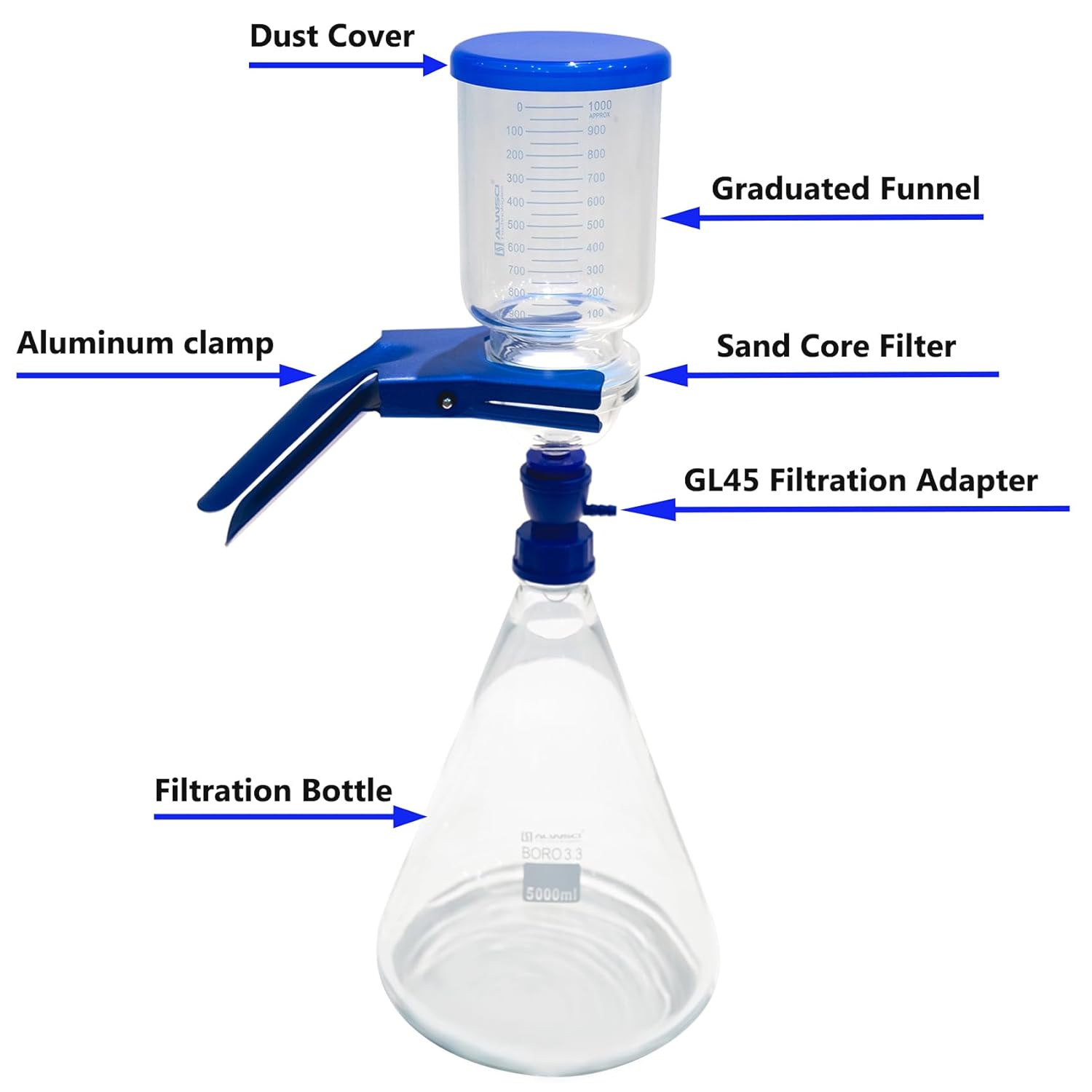 ALWSCI Set Solvent Vacuum Fitration with Bottle Adapter GL45, 1000 ML Graduated Funnel, 5000 ML Filtering Flask, Clamp and GL45 Solid Screw Cap, Compatible with 90mm Membrane Filter Paper