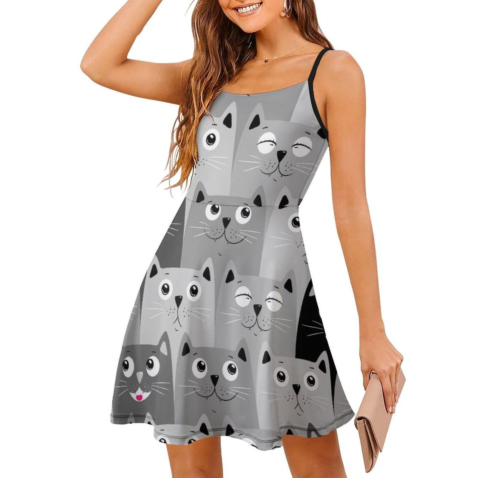 Robe d'été sans manches avec bretelles ajustables et imprimé chat original - 7