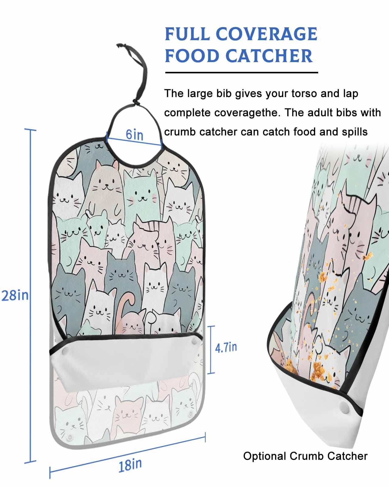 Onekaccu Cartoon Cat Adult Bibs for Elderly Women Men Washable Bibs for Eating, Funny Cute Colorful Animal Pet Waterproof Clothing Protectors Adult Bibs with Crumb Catcher