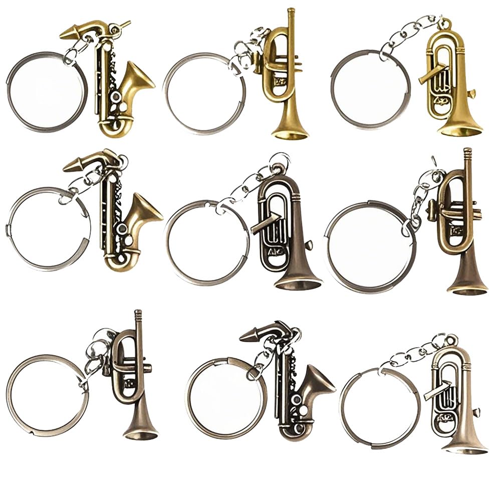 NOIAFZY 9-Pack Retro Metal Saxophone Trumpet Tuba Keychain - Miniature Musical Instrument Keyrings for Music Enthusiasts