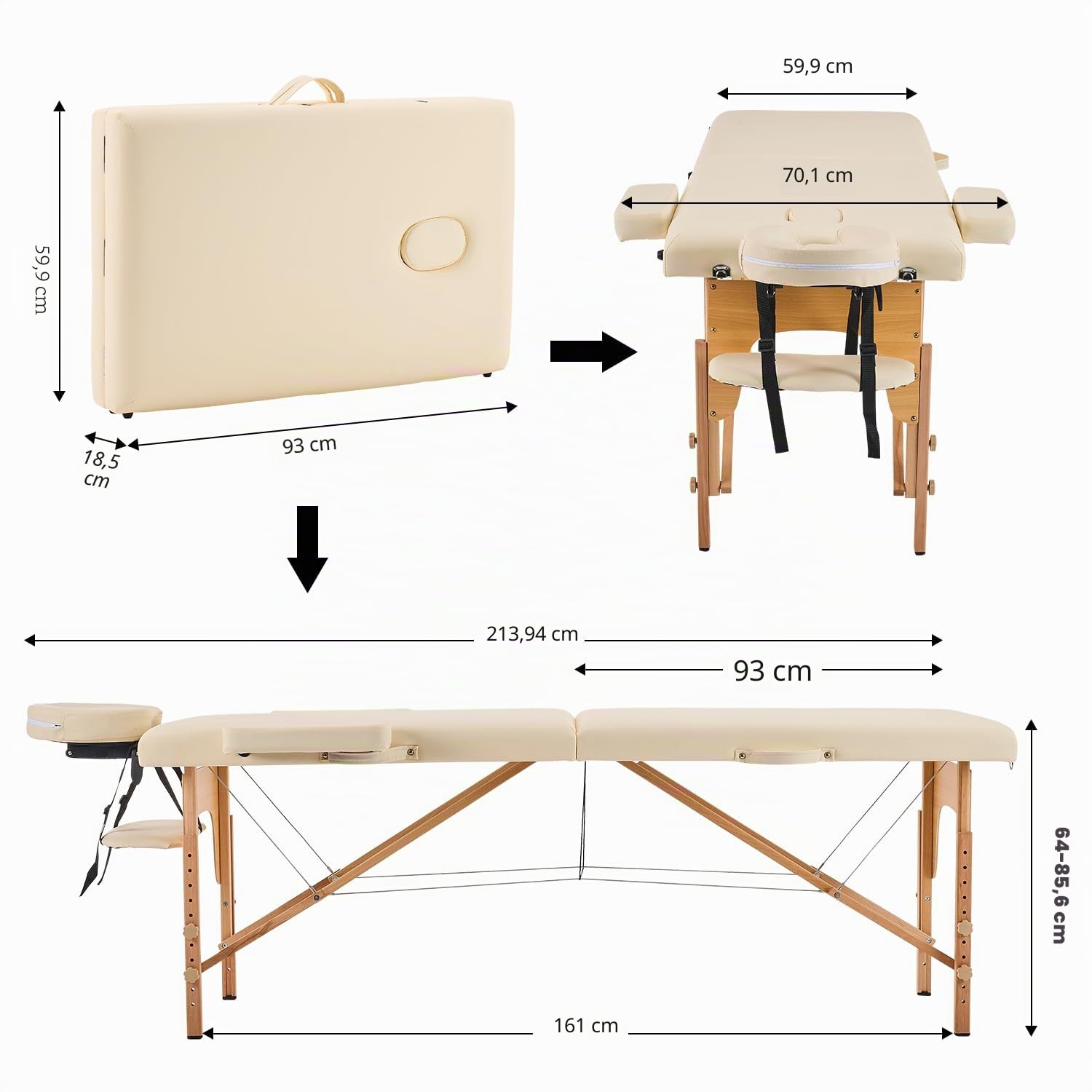 YOUNIKE Massageliege Klappbar 2 Zonen Massageliegen Massagetisch Höhenverstellbar Tattoo Massage Liege Portable Massagebank Mobile Massage Bed Massagebett Creme 60cm Breit Therapieliege