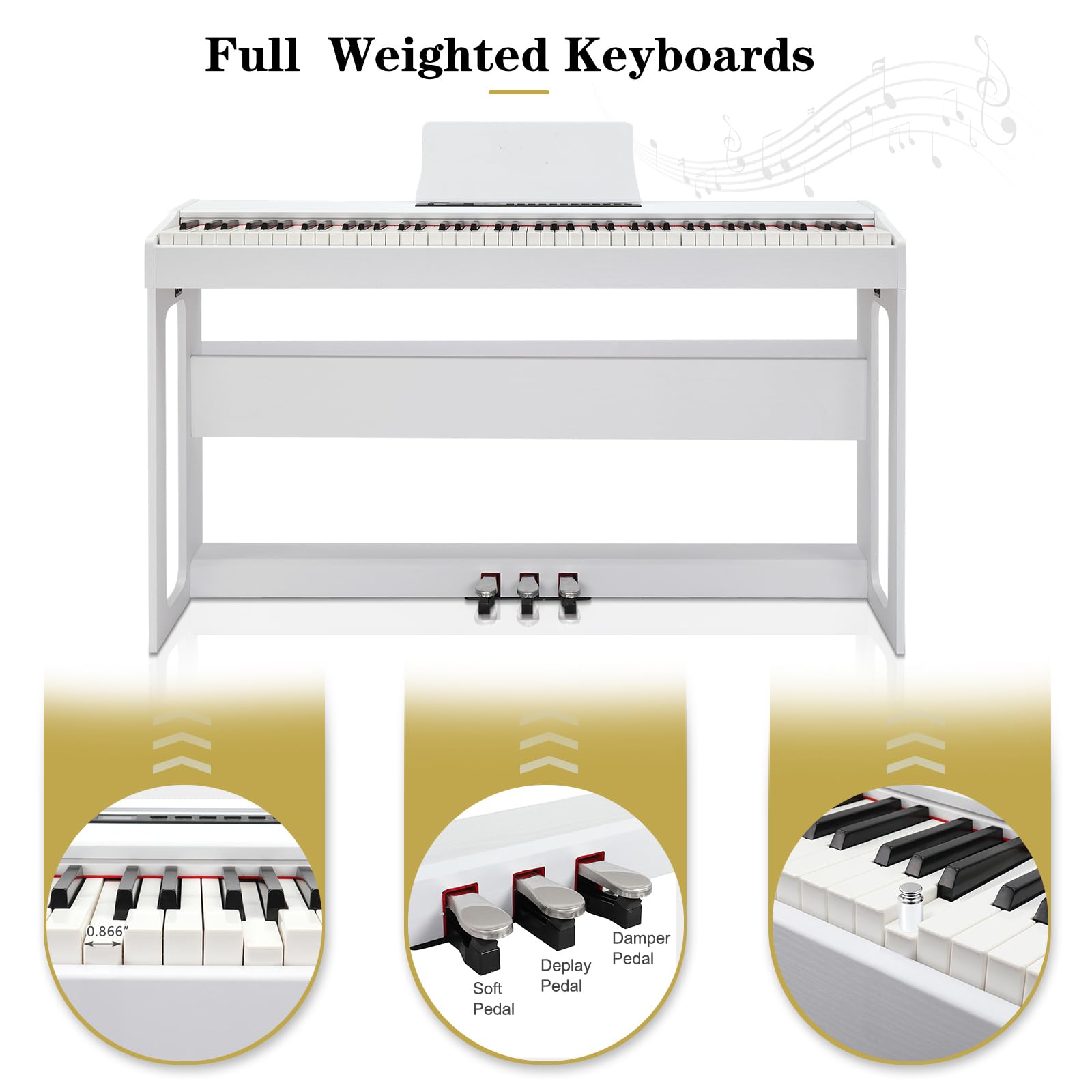 LEADZM Piano Numérique 88 Touches, Clavier Entièrement Lesté, Piano Électrique avec MIDI-USB, Bluetooth et Haut-Parleurs Stéréo, 128 Sonorités et Rythmes, Système à 3 Pédales (Blanc)