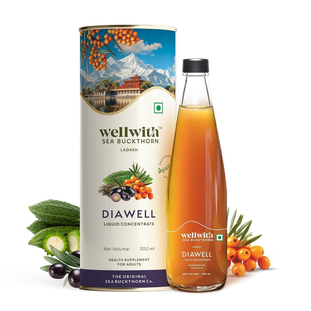 Ayuzera DiaboWin (Diawell) Karela & Jamun Diabetic Care Juice with Seabuckthorn 300ml | Chirata and Punarnava | Ayurvedic | Makes Upto 50 Glass Juice (300ml, Pack of 1)