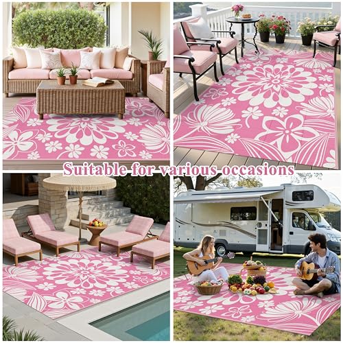 Ileading Outdoor Plastic Straw Rug 5x8ft Funny Floral Style Reversible Patio Area Rugs Waterproof Non Shedding Portable Carpets for Rv Outside Deck Pool Beach Picnic Camping (Pink) by Ileading - Image 8