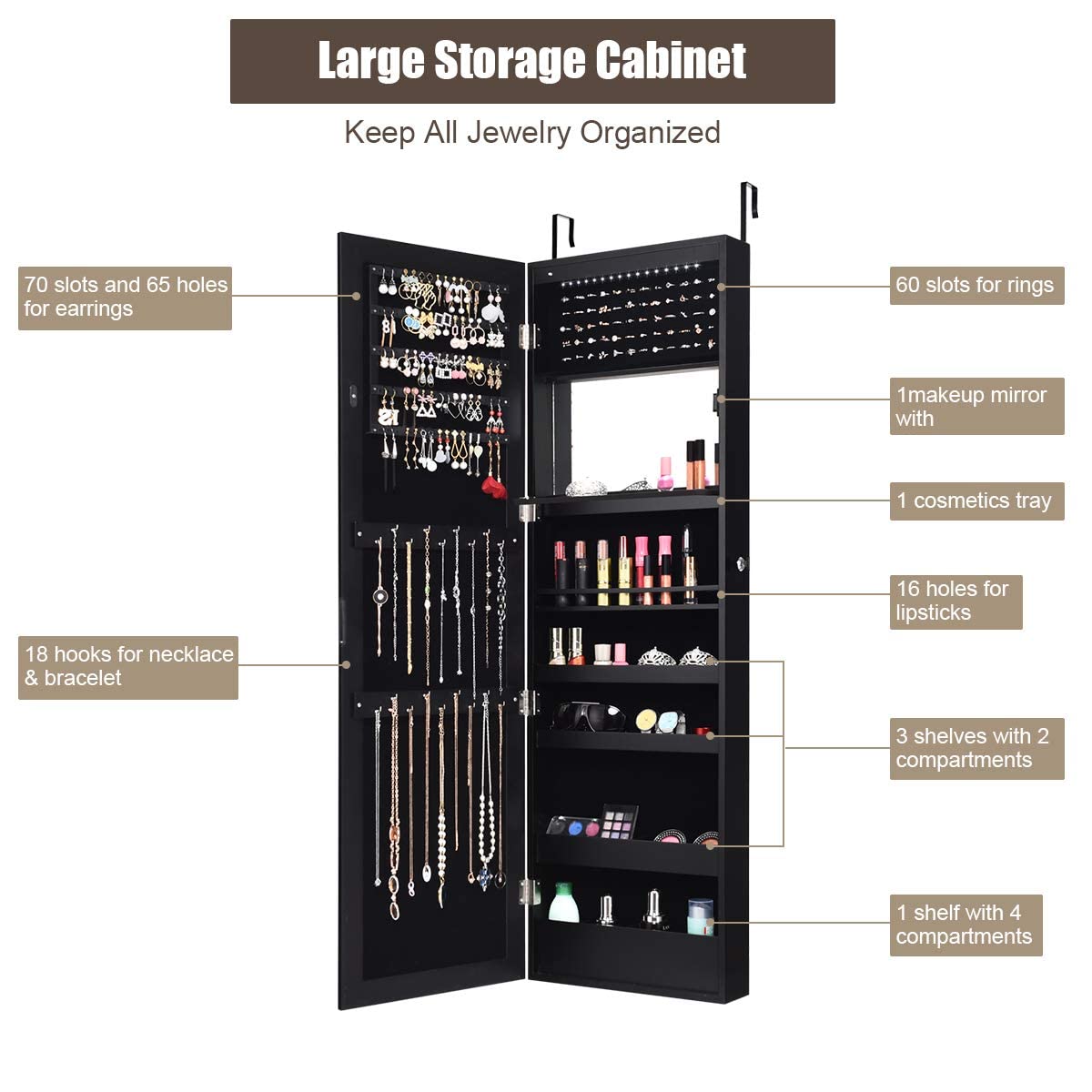 GOPLUS 2 en 1 Armoire à Bijoux avec Miroir, Organisateur de Bijoux Mural avec Lumières LED Automatiques, Armoire de Rangement Cosmétiques Verrouillable pour Chambre, Vestiaire (Noir)
