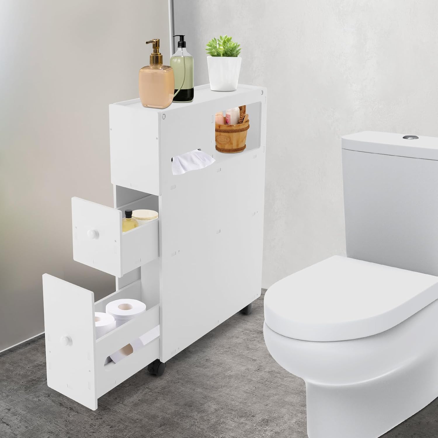 Movable Bathroom Cabinet Storage Organizer Slim Toilet Paper Storage Shelves with Shelf, Lockable Free Standing Cabinet White, Large Capacity Load Max 50kg for Toilet, Laundry Room