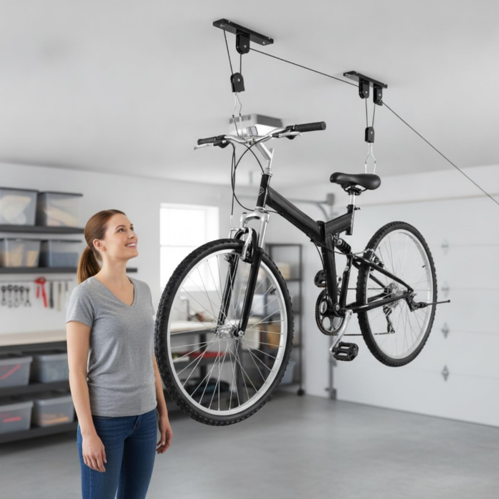 Milageto Rack Bicicleta Montado en Pared con Poleas Elevador Bicicleta con Cuerda 15 M Resisn Portabicicletas para Garaje, Taller