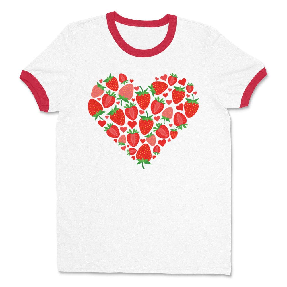 Strawberry Heart Ringer Tee Shirt Unisex Large White/Red